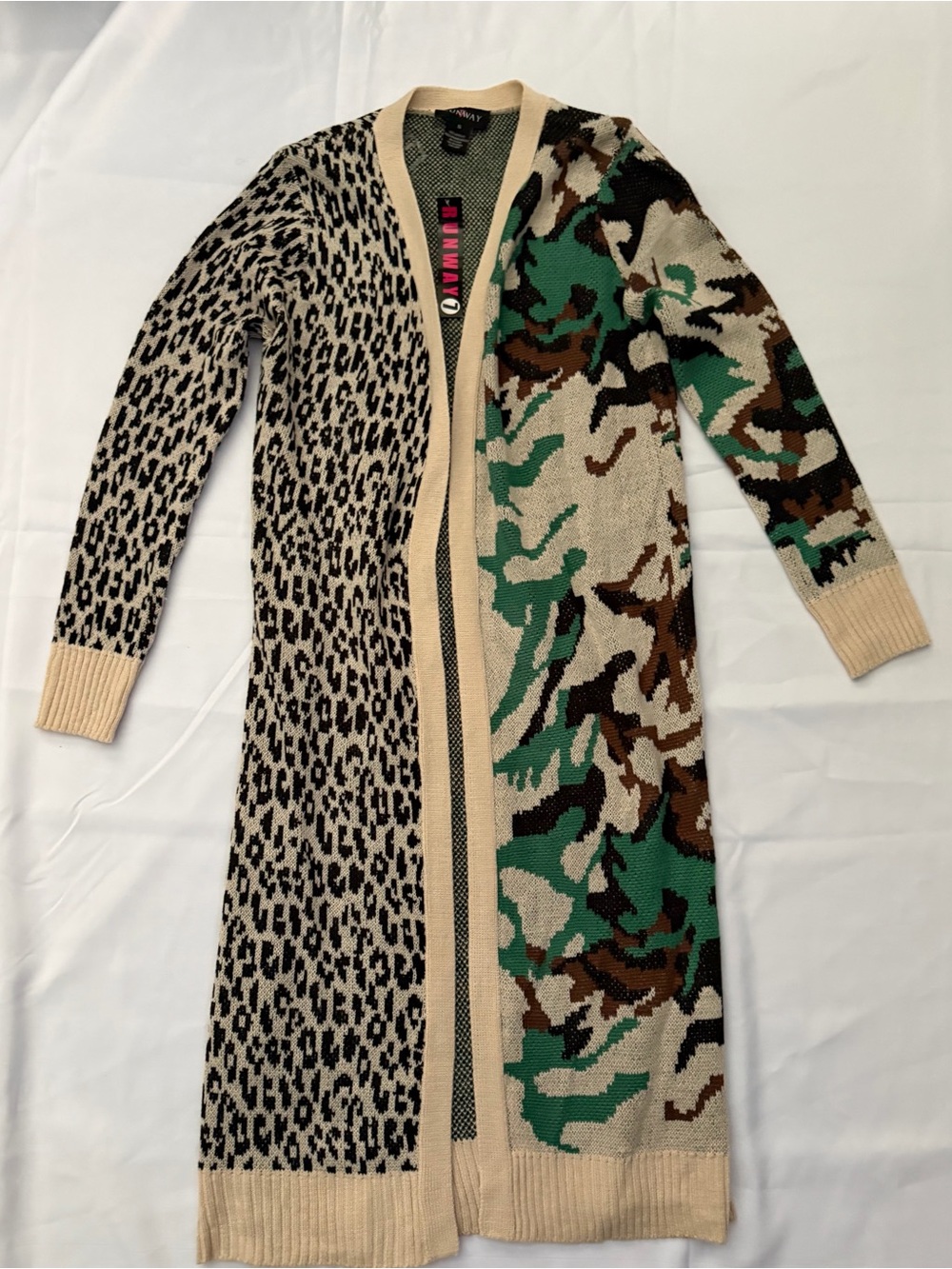 Run way Print Long Cardigan Sweater - Beige, Green, Brown